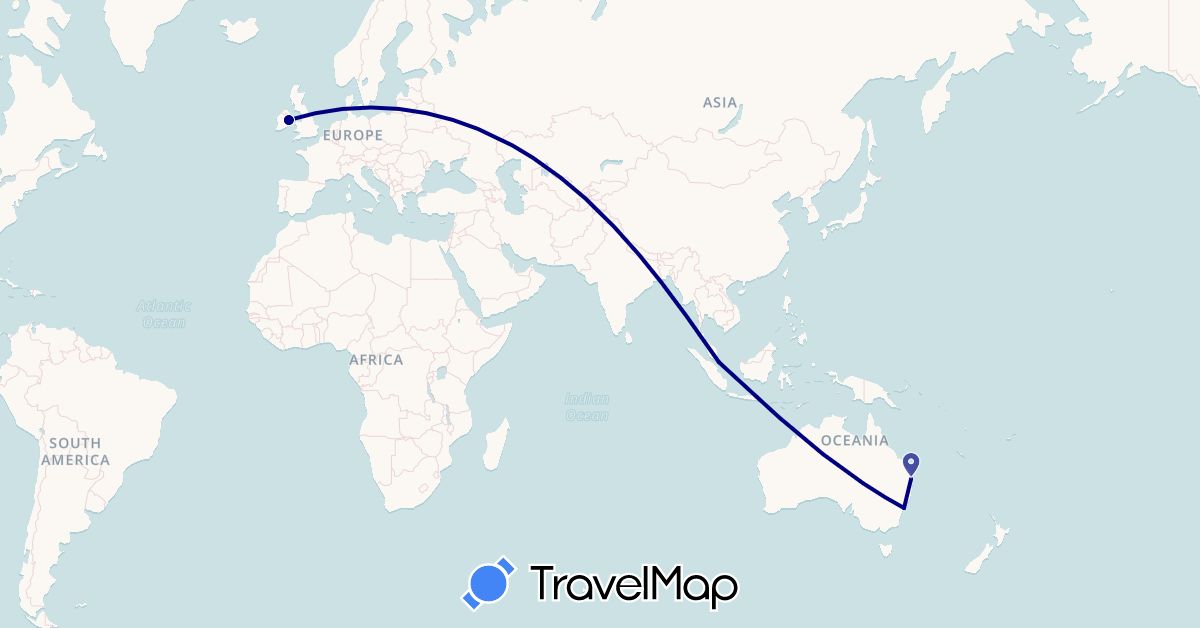 TravelMap itinerary: driving in Australia, Ireland, Singapore (Asia, Europe, Oceania)
